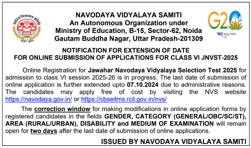 NVS class 6 Admission Registration Extended 7.10.2024 Notification