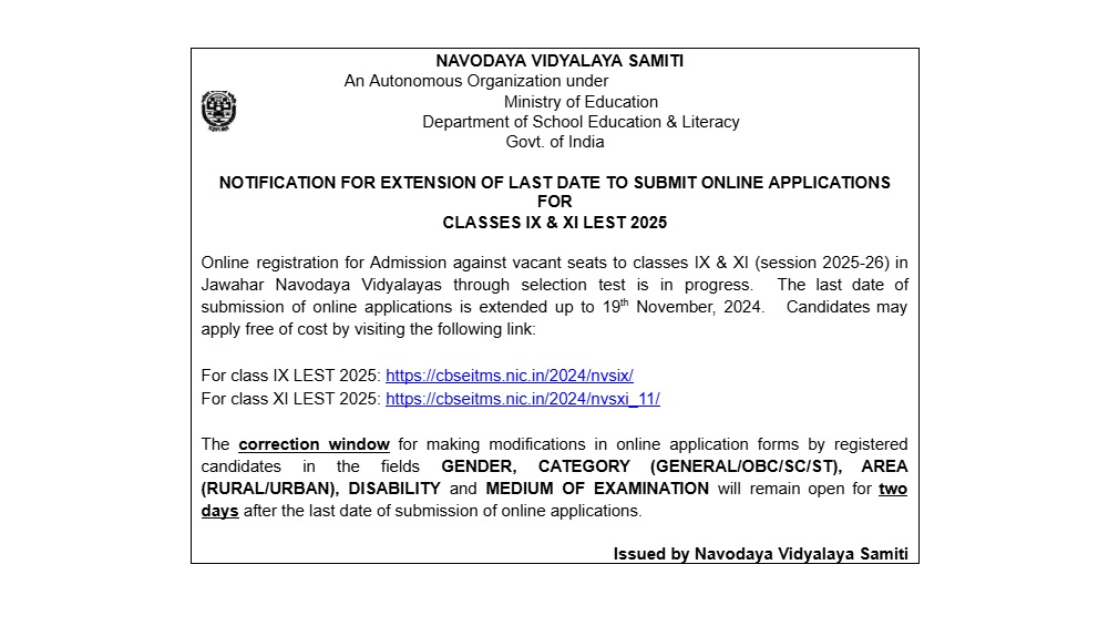 NVS LEST Admission 2025 Last Date Extended Notification